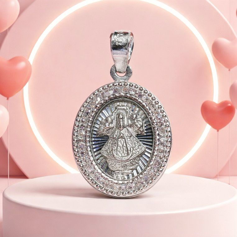 Medallion Pendant of the Miraculous Virgin Diamond-Cut with Zirconias, in Mexican 925 Silver, measures 3cm, ideal for chains of 4mm or less