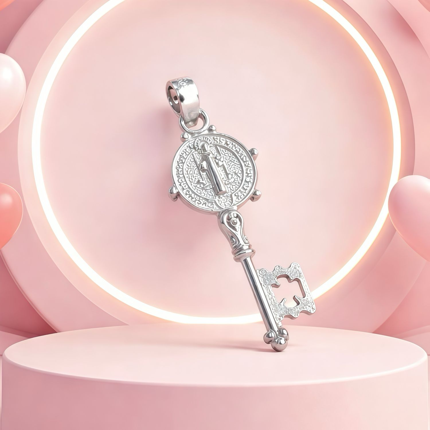 Saint Benedict Key Pendant in Mexican 925 Silver, measures 3.5cm, ideal for chains of 4mm or less