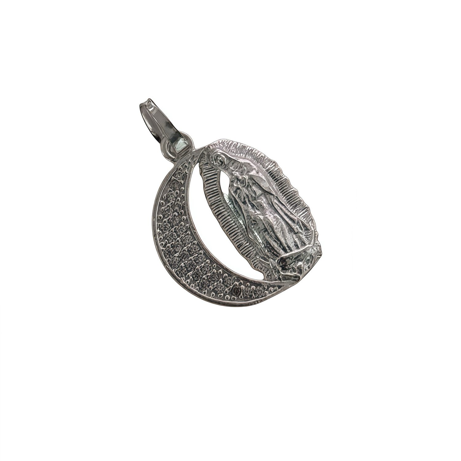 Half Moon Pendant with Virgin of Guadalupe in Mexican 925 Silver, measures 2.5cm, ideal for chains 2mm or less.