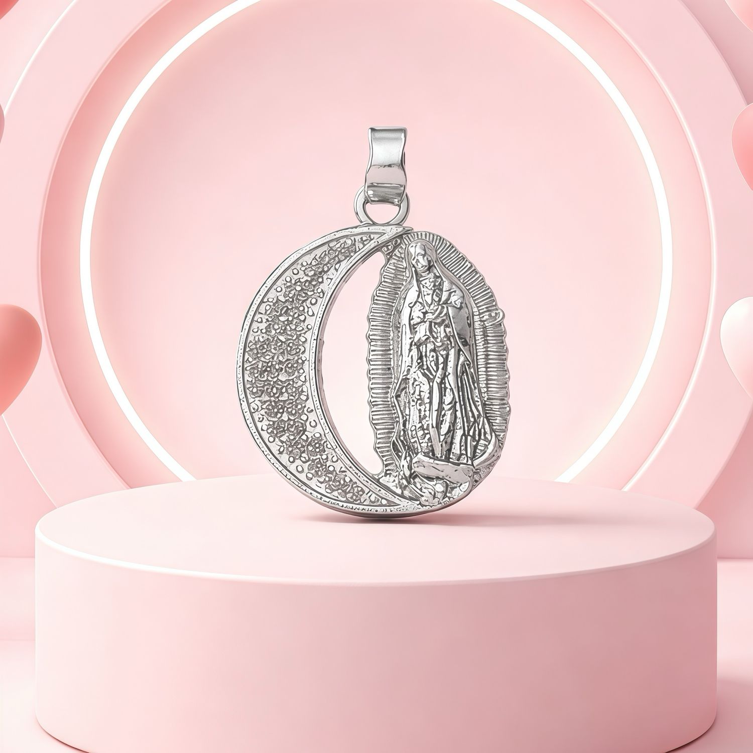 Half Moon Pendant with Virgin of Guadalupe in Mexican 925 Silver, measures 2.5cm, ideal for chains 2mm or less.