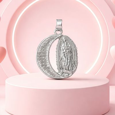 Half Moon Pendant with Virgin of Guadalupe in Mexican 925 Silver, measures 2.5cm, ideal for chains 2mm or less.