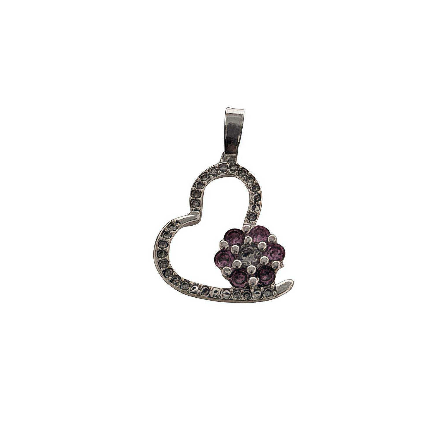 Heart Pendant with Zirconias and Pink Flower in Mexican 925 Silver, measures 2cm, ideal for chains of 3mm or less.