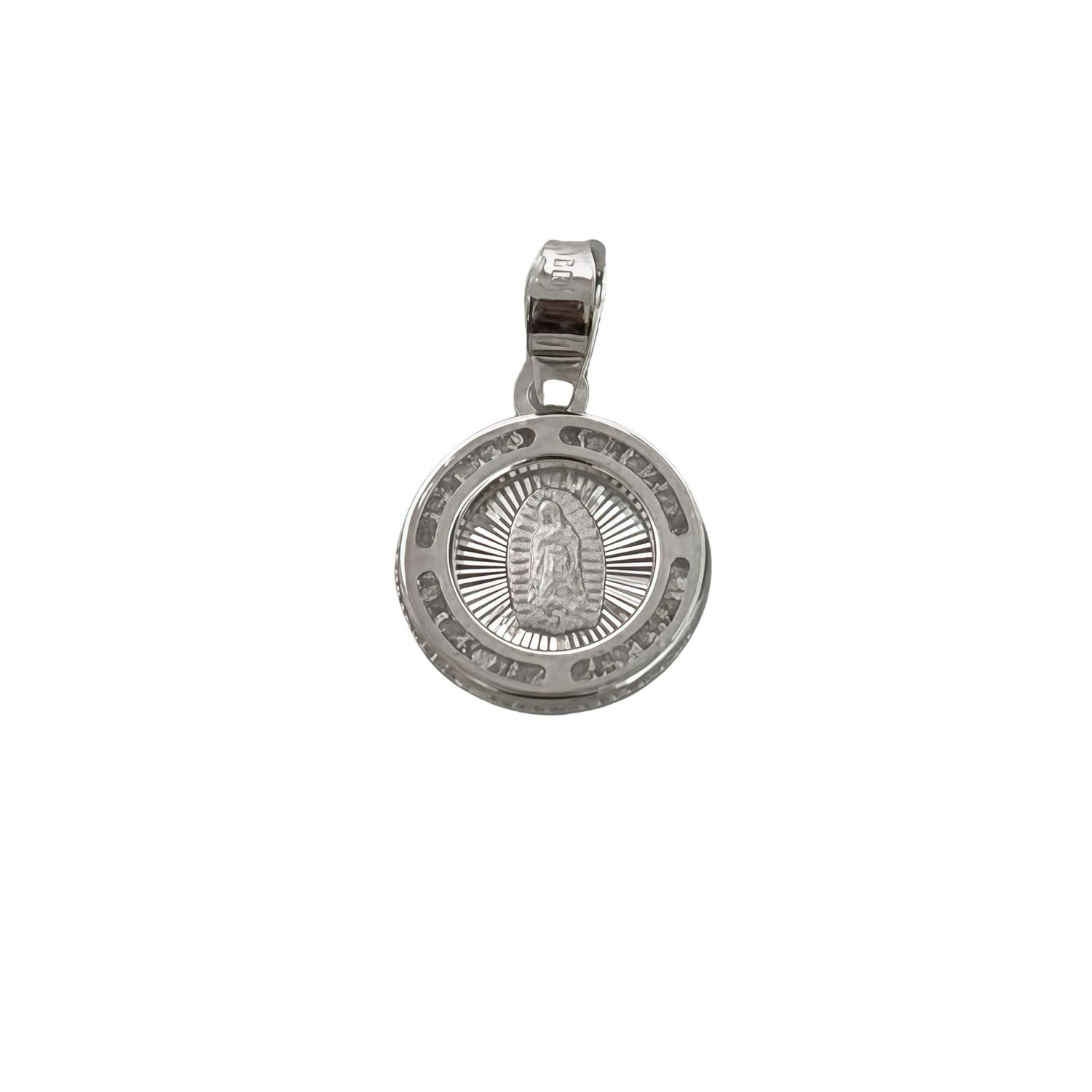 Mini Diamond-Cut Virgin of Guadalupe Pendant with Zirconias in Mexican 925 Silver, measures 1.5cm, ideal for chains of 2mm or less