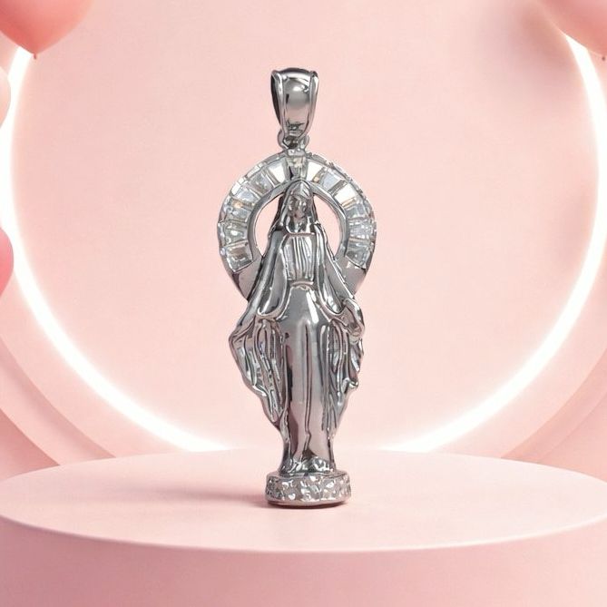 Dije Virgen La Milagrosa  con micropabe Plata 925 Italiana, mide 4cm, Ideal para cadenas 3mm o menos