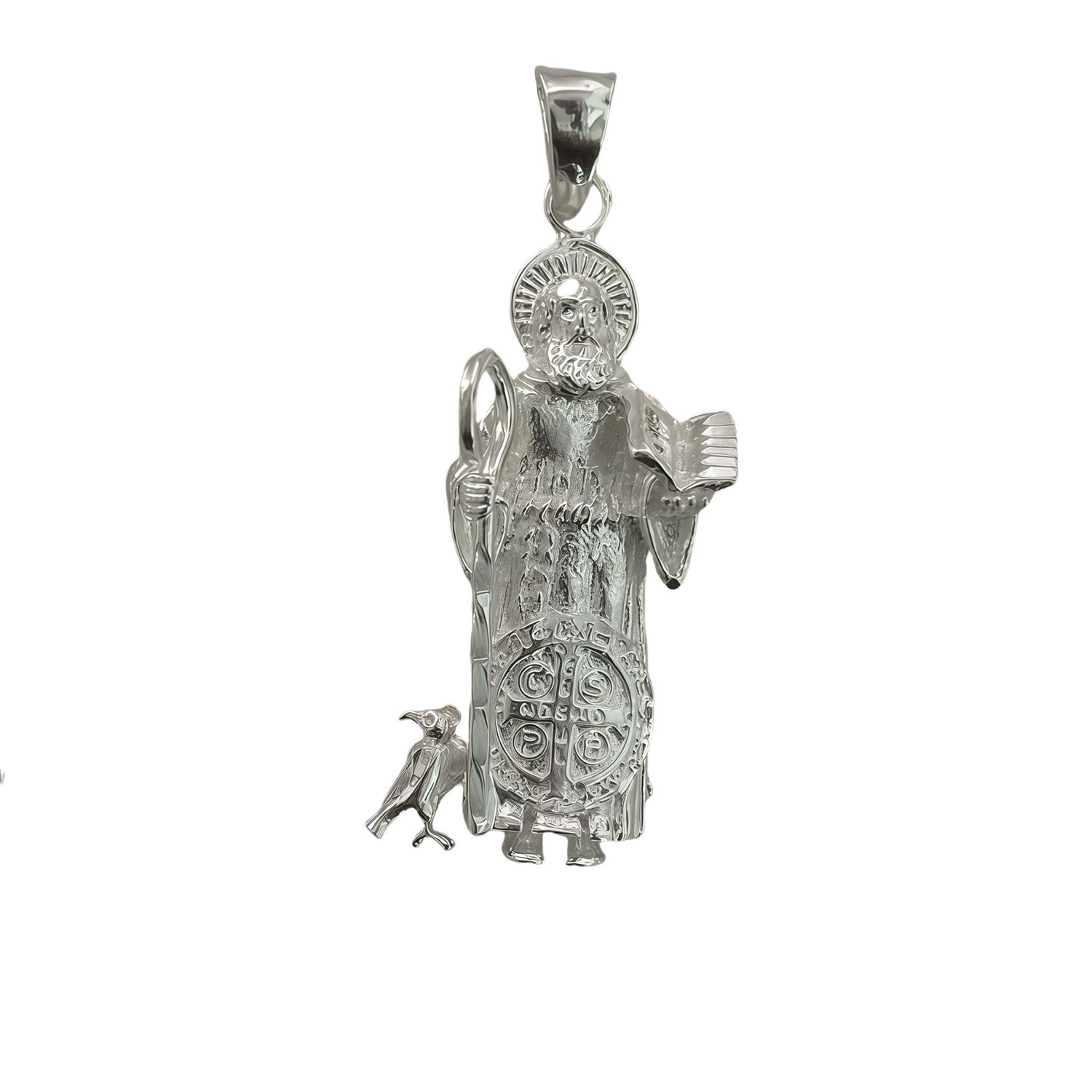 Saint Benedict Pendant in 925 Mexican Silver, Measures 4cm, Ideal for Chains of 4mm or Less