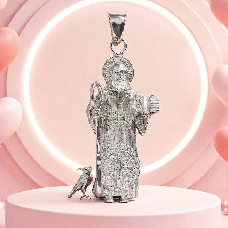 Saint Benedict Pendant in 925 Mexican Silver, Measures 4cm, Ideal for Chains of 4mm or Less