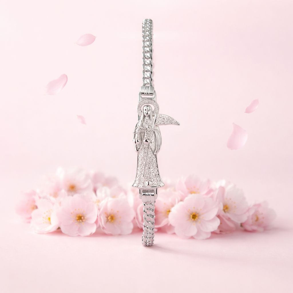 Pulsera Estilo Cubano Santa Muerte mide 8" Plata Mexicana