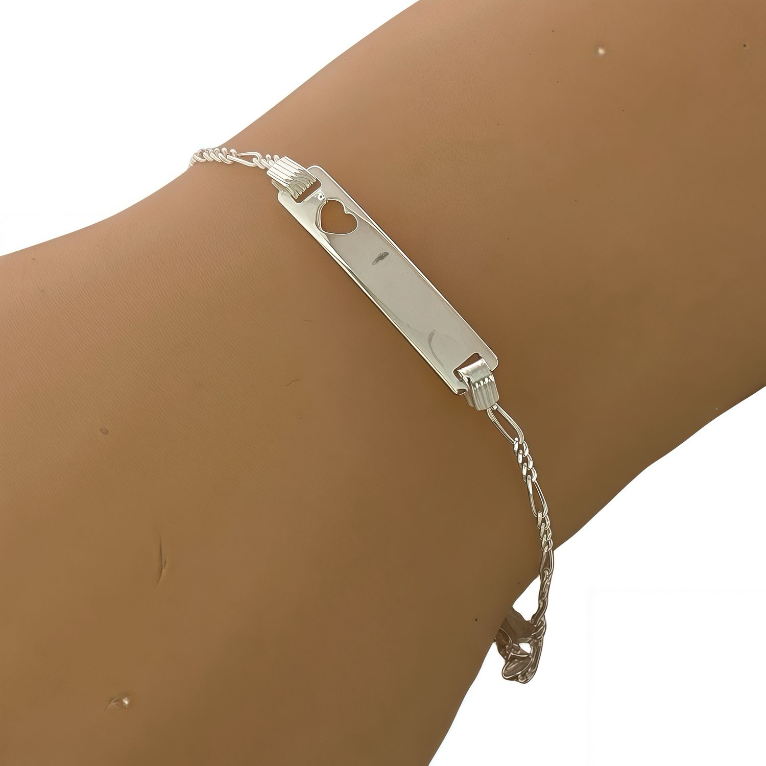 Pulsera  con Placa para Ninos estilo figaro, con corazon mide 6'' y 1.5mm de ancho plata 925 Italiana.