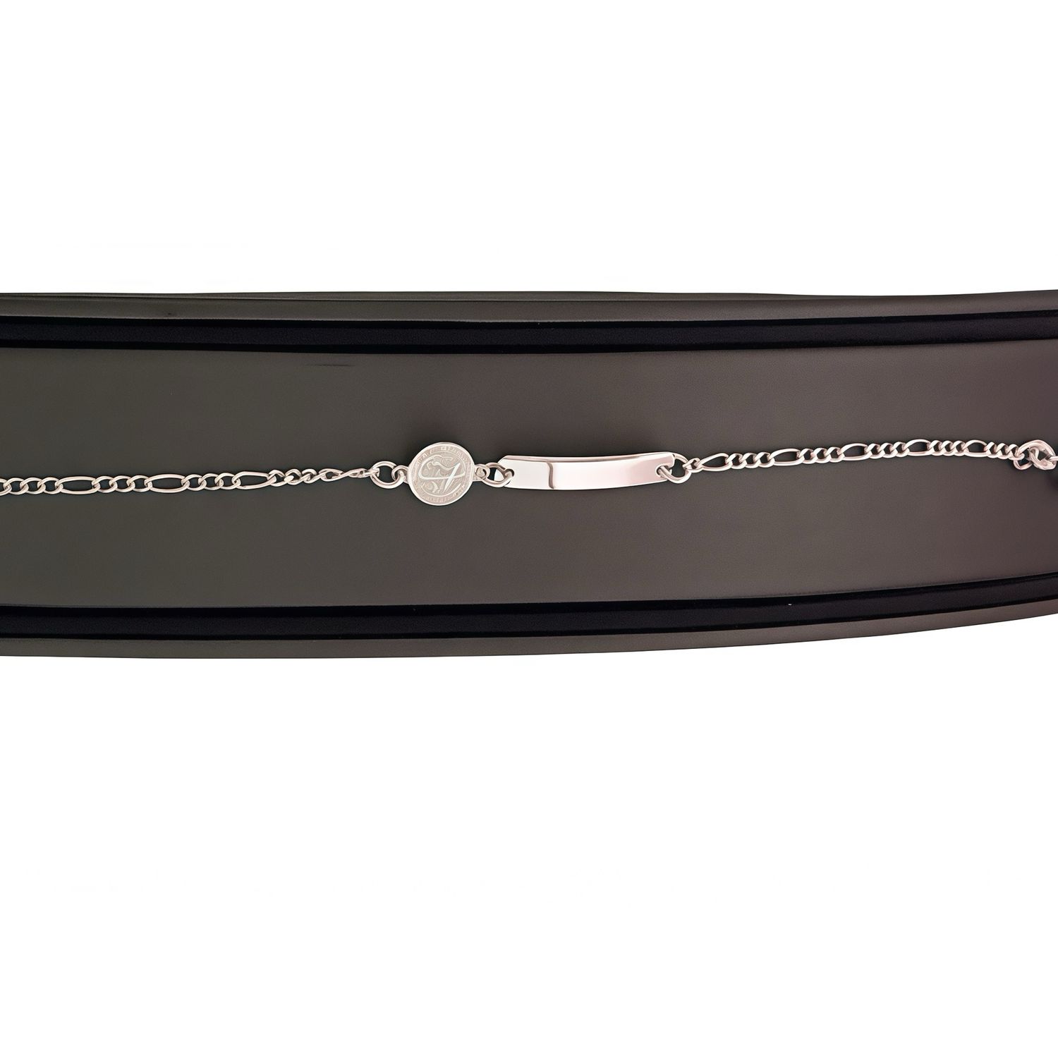 Pulsera con Placa y medalla de san benito estilo figaro, en Plata 925 Mexicana, Mide 5" con extension a 6" para ninos