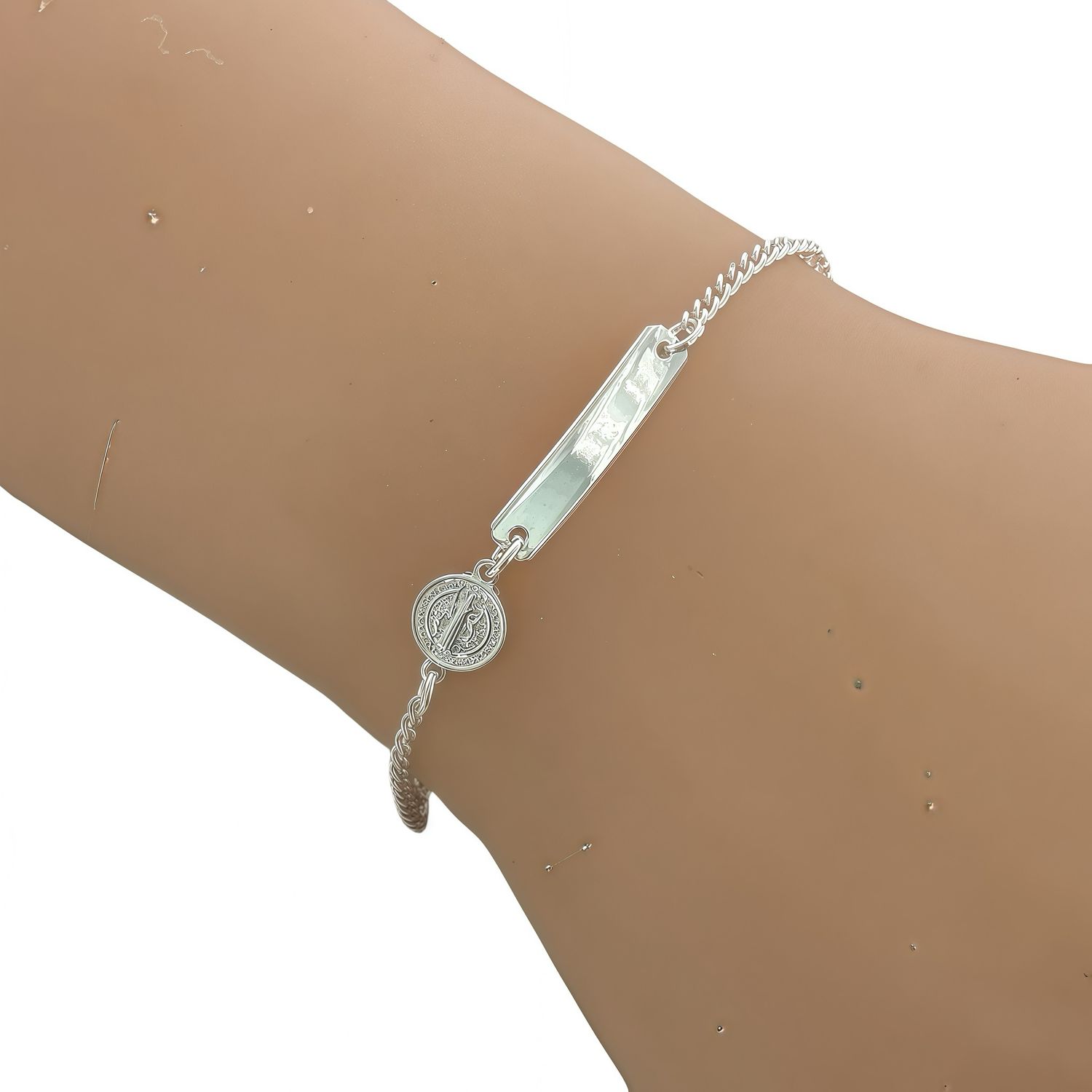 Pulsera con Placa y medalla de san benito estilo Cubano, en Plata 925 Mexicana, Mide 5" con extension a 6" para ninos