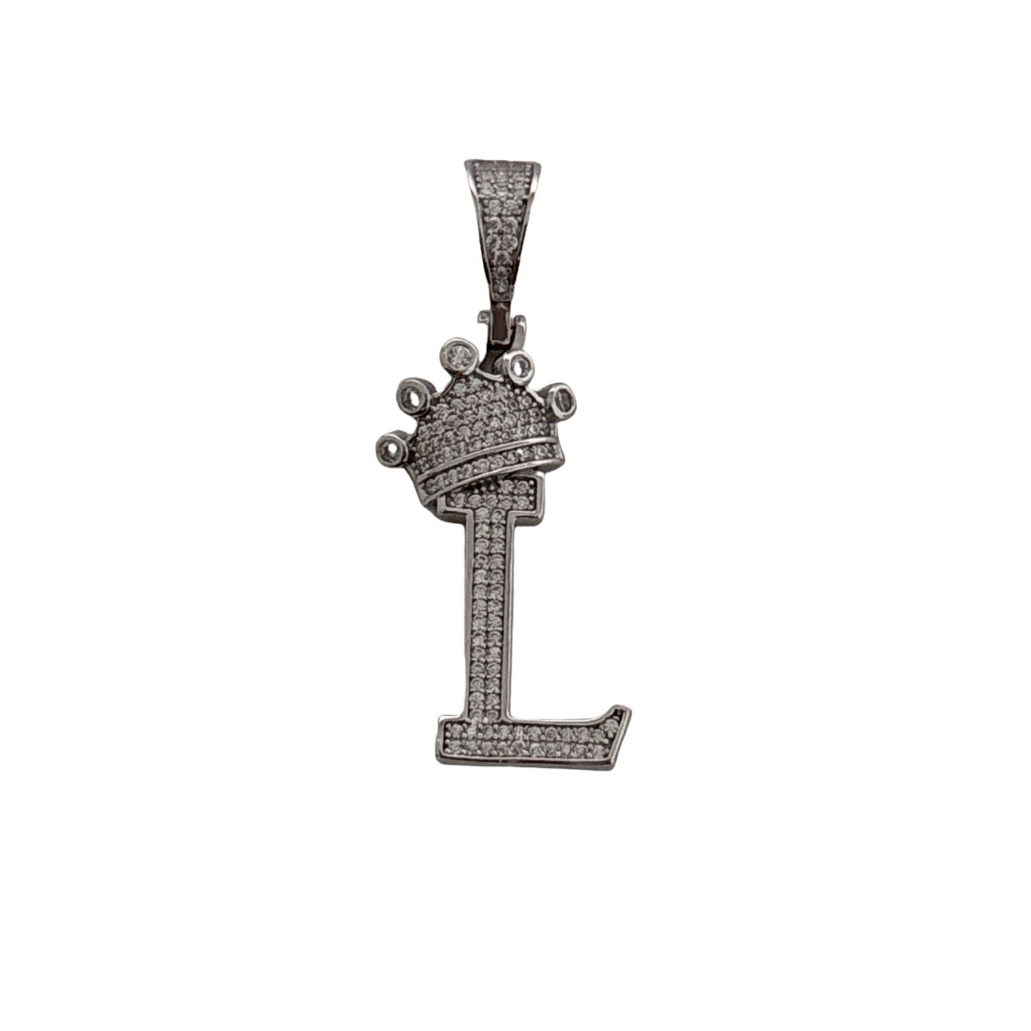 Dije Letra L con Corona en Micropabe, mide 4cm ideal para cadenas de 5mm  o menos, Con Rodio en Plata Italiana.