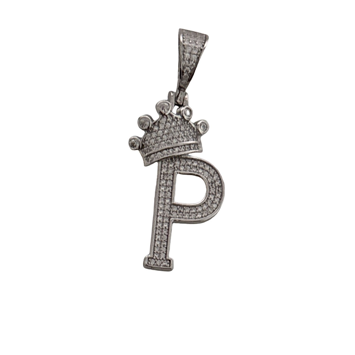 Dije Letra P con Corona en Micropabe, mide 4cm ideal para cadenas de 5mm  o menos, Con Rodio en Plata Italiana.