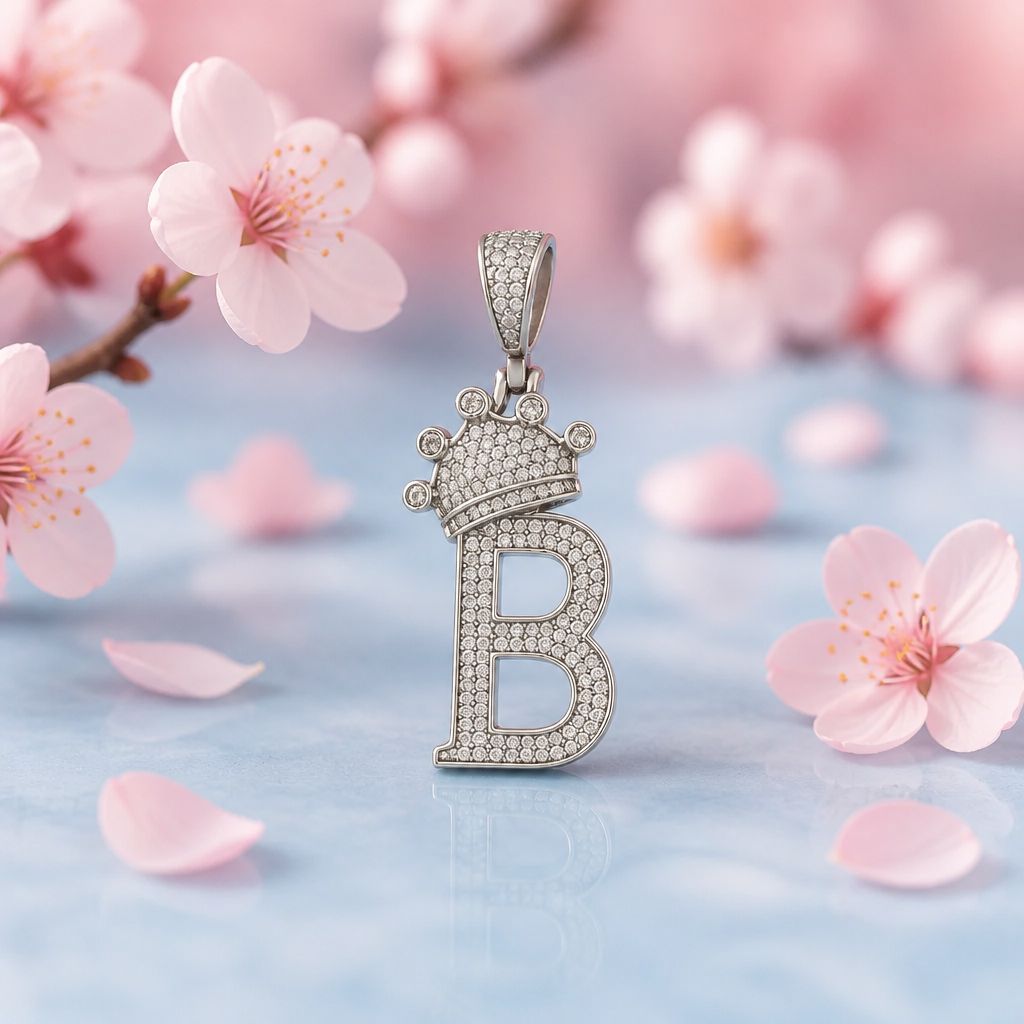 Dije Letra B con Corona en Micropabe, mide 4cm ideal para cadenas de 5mm  o menos, en Plata Italiana.