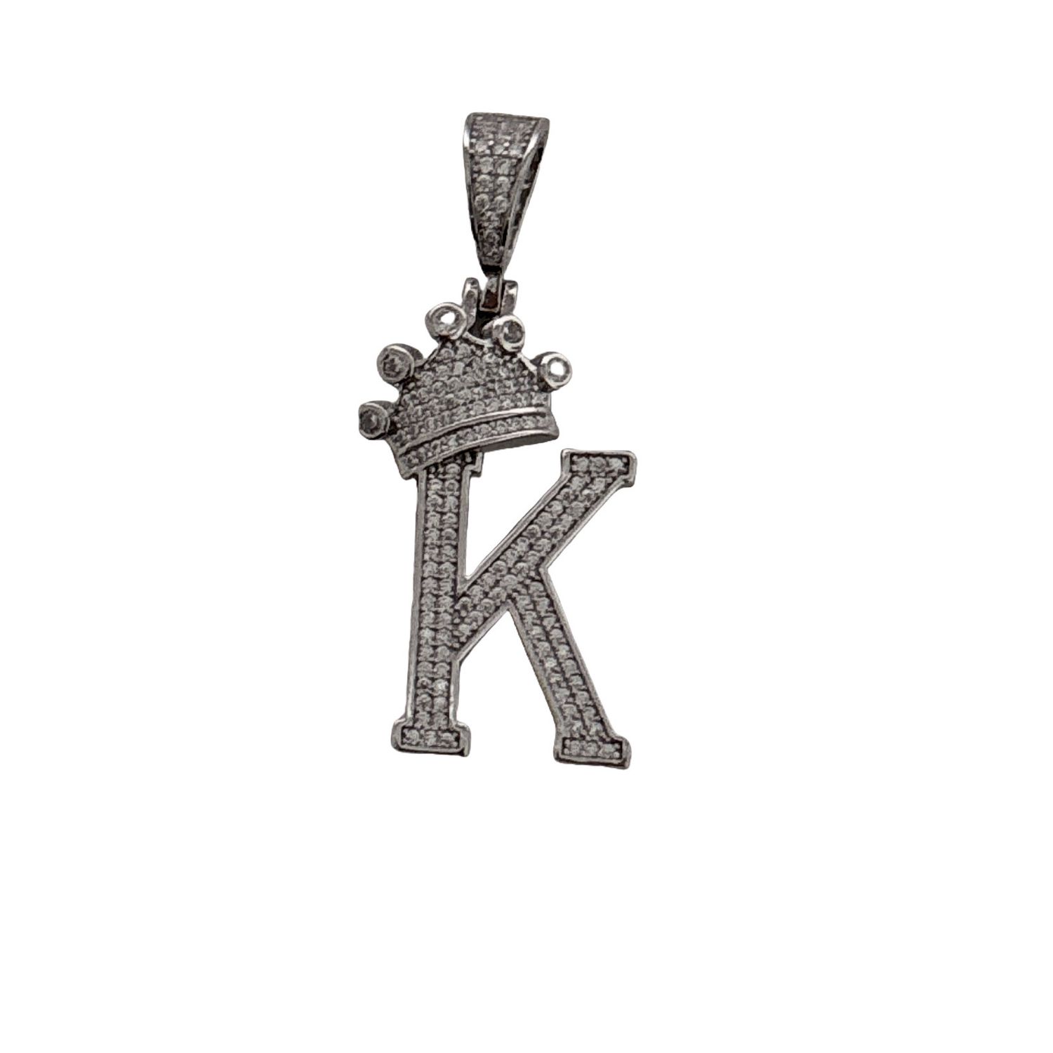 Dije Letra K con Corona en Micropabe, mide 4cm ideal para cadenas de 5mm  o menos, Con Rodio en Plata Italiana.