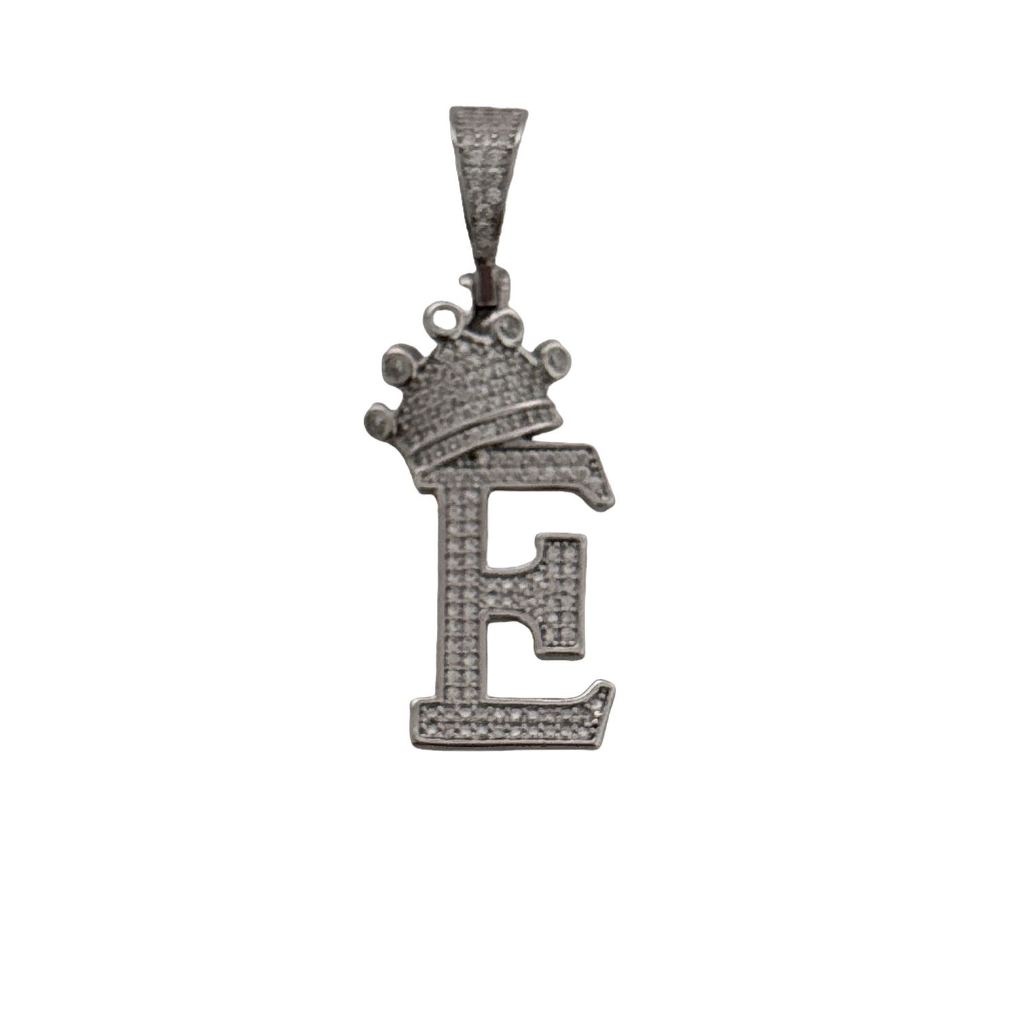 Dije Letra E con Corona en Micropabe, mide 4cm ideal para cadenas de 5mm  o menos, Con Rodio en Plata Italiana.