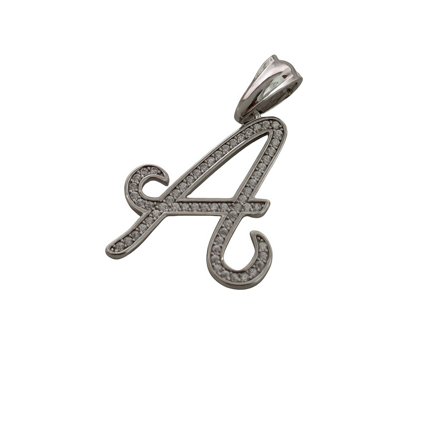 Dije Letra A micropabe mide 4 Cm, ideal para cadenas de 5Mm o menos, con Rodio en Plata 925 Italiana.