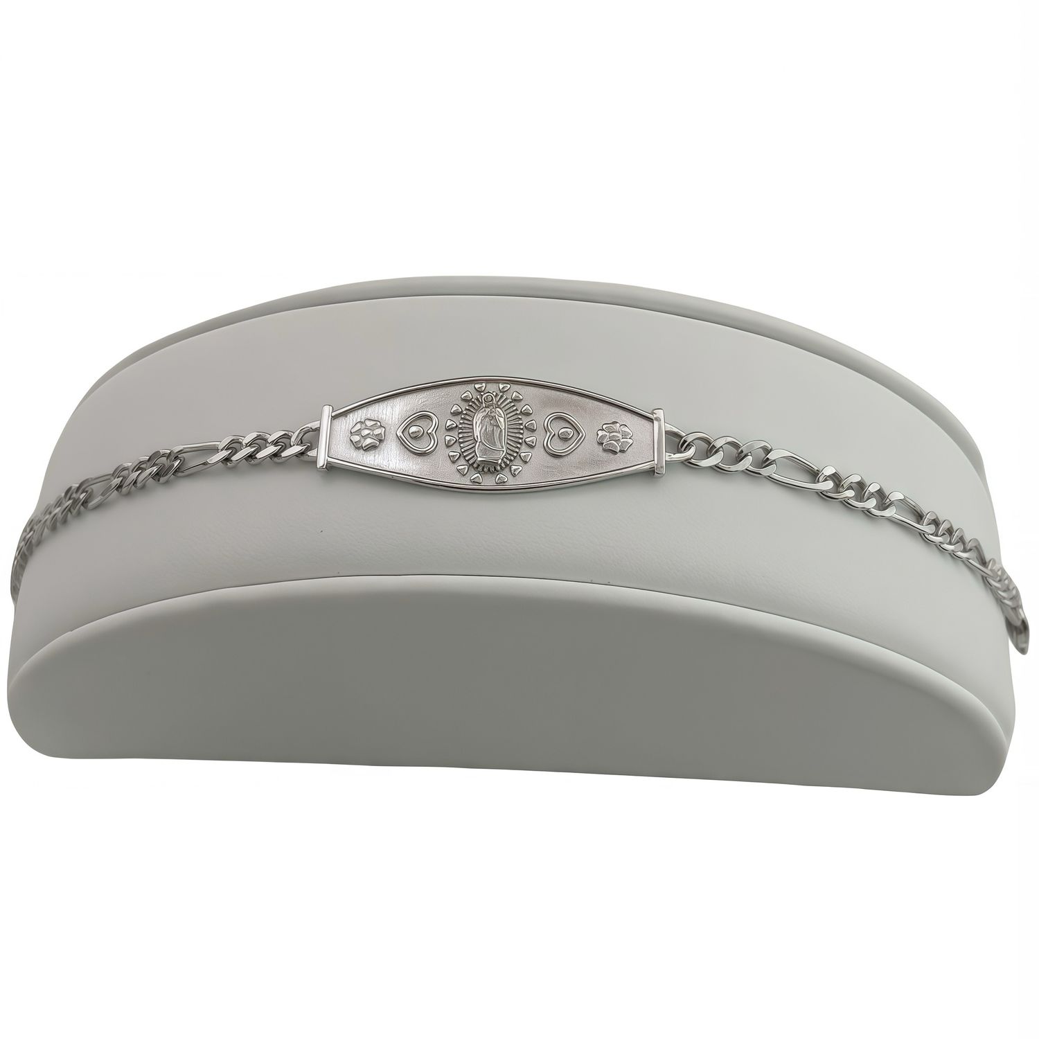 Pulsera estilo Figaro con Virgen de Guadalupe, mide 7.5" de largo, en Plata 925 Italiana con Rodio