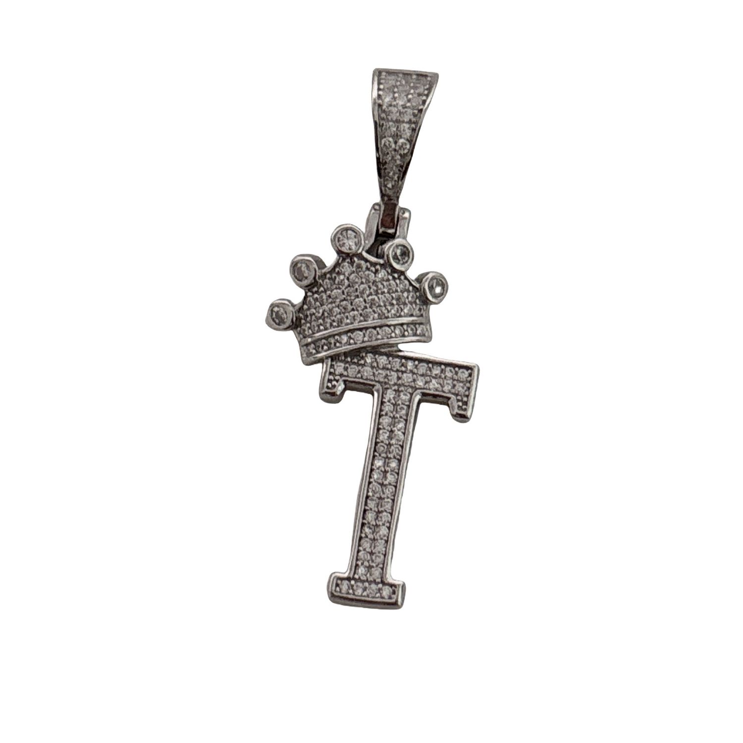 Dije Letra T con Corona en Micropabe, mide 4cm ideal para cadenas de 5mm  o menos, Con Rodio en Plata Italiana.