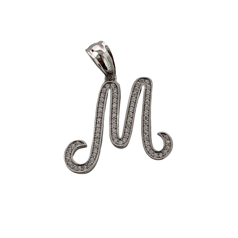 Dije Letra M micropabe mide 4 Cm, ideal para cadenas de 5Mm o menos, con Rodio en Plata 925 Italiana.