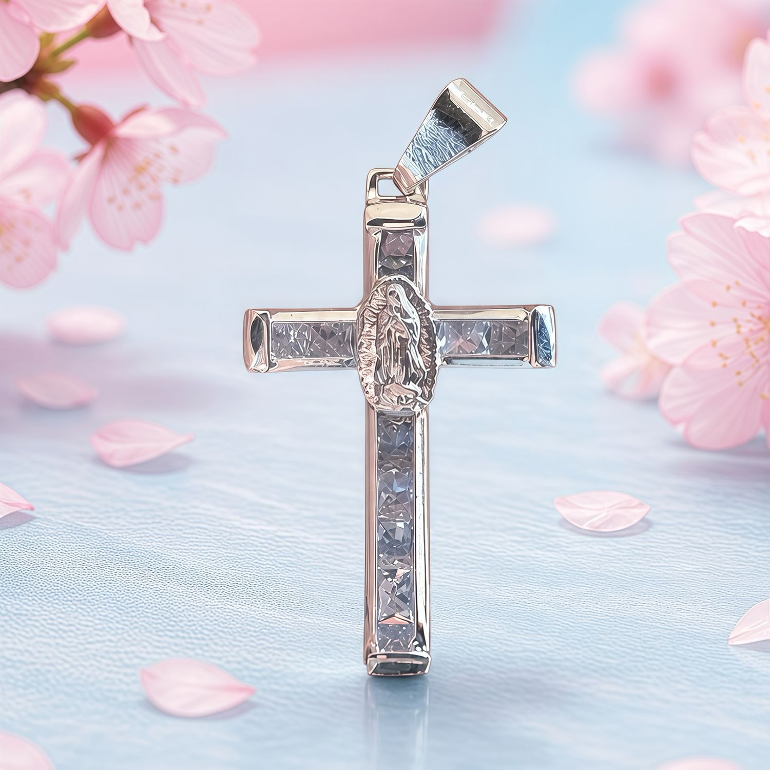 Dije Cruz Virgen de Guadalupe con Zirconias, Mide 4cm , ideal para cadenas de 4mm o menos. en plata 925 Mexicana