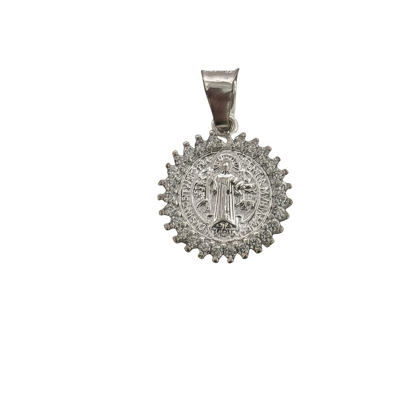 Dije Medalla San Benito con Zirconias, mide 2cm, ideal para cadenas de 3mm o menos, en Plata 925 Mexicana.