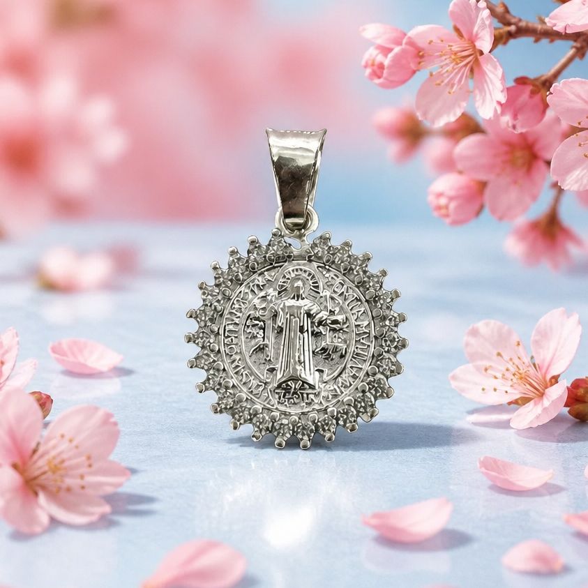 Dije Medalla San Benito con Zirconias, mide 2cm, ideal para cadenas de 3mm o menos, en Plata 925 Mexicana.