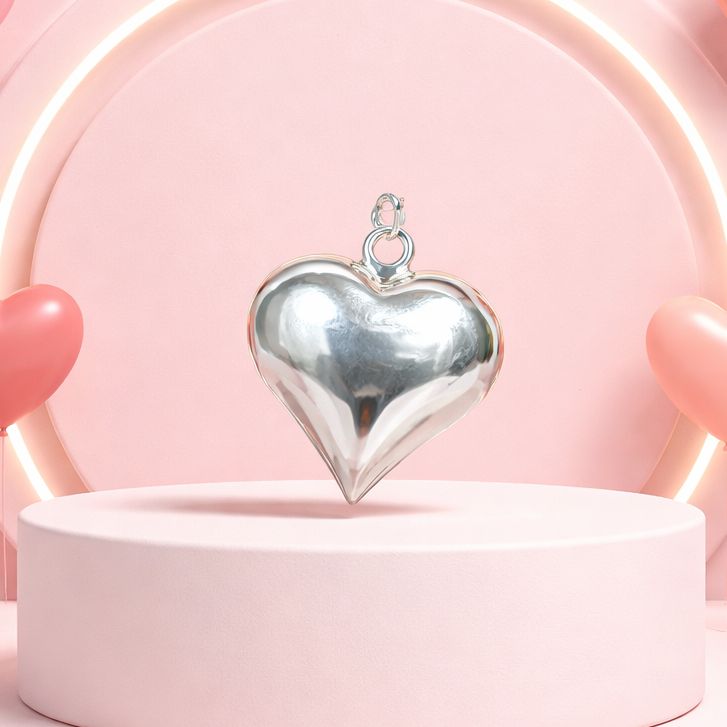 Dije Corazon Bombacho en 3D, mide 4.5cm, ideal para cadenas de 3mm o menos. en Plata 925 Mexicana.