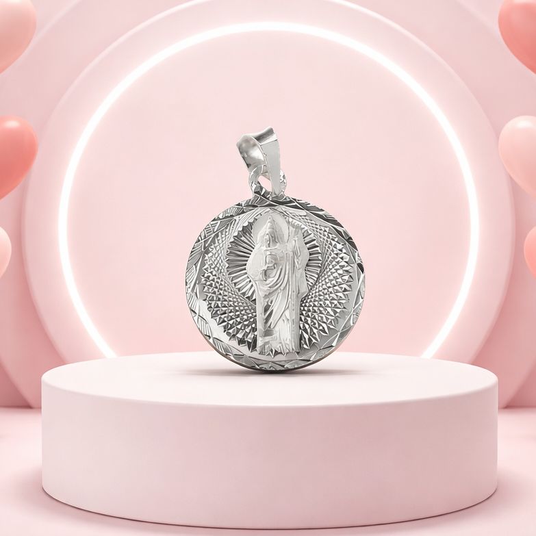 Dije Medalla diamantada de San Judas, mide 2cm, ideal para cadenas de 3mm o menos, en plata 925 Mexicana