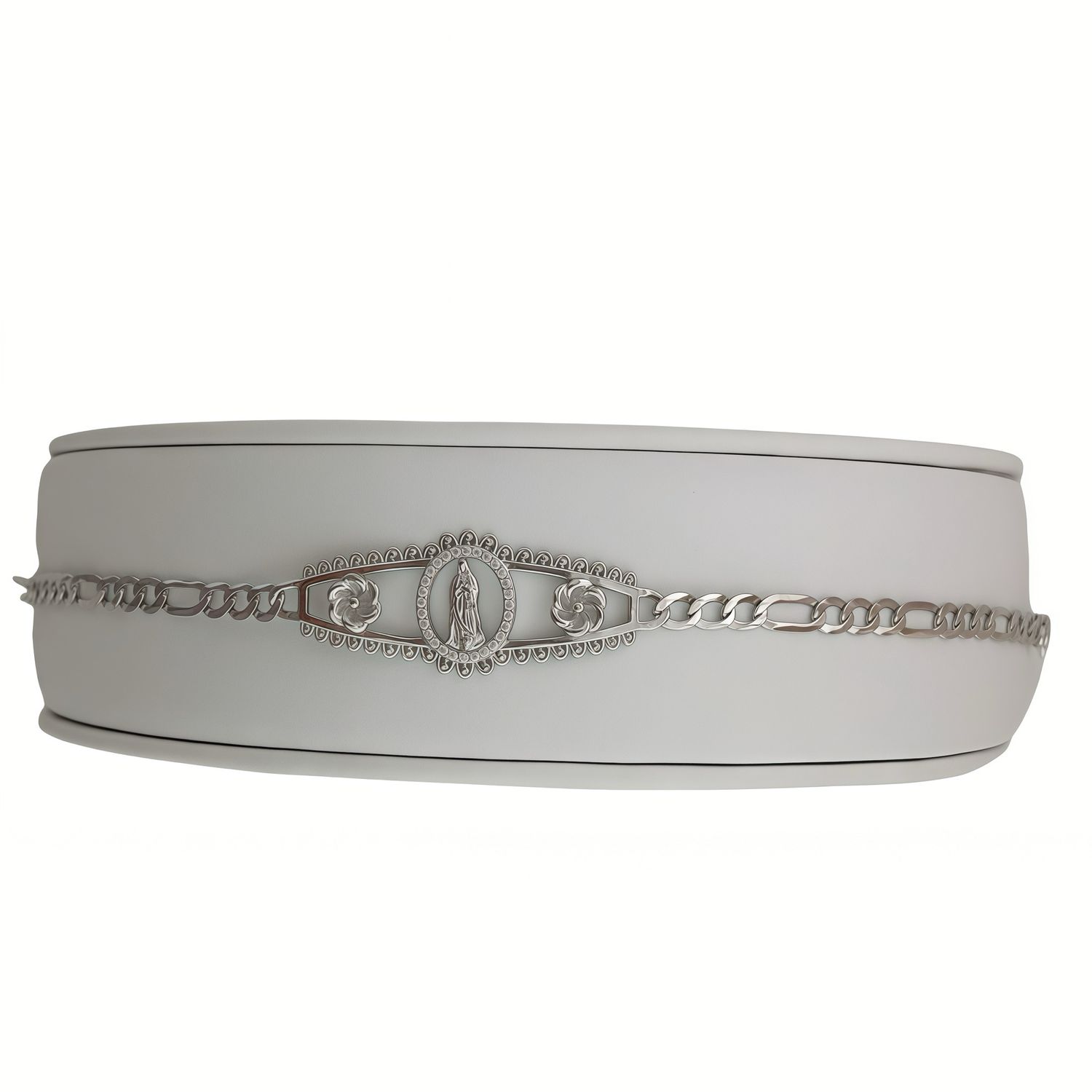 Pulsera estilo Figaro con Virgen de Guadalupe, mide 7.5" de largo, en Plata 925 Italiana con Rodio