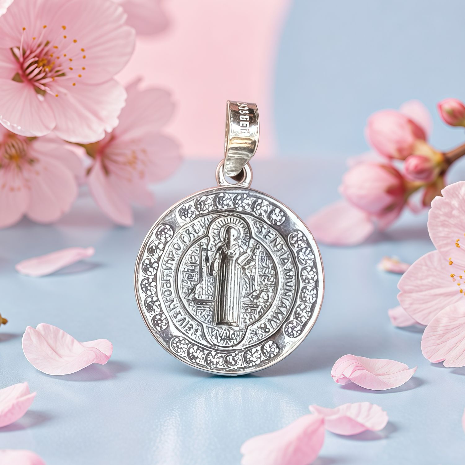 Dije Medalla San Benito con Zirconias, mide 2cm, ideal para cadenas de 3mm o menos, en Plata 925 Mexicana.