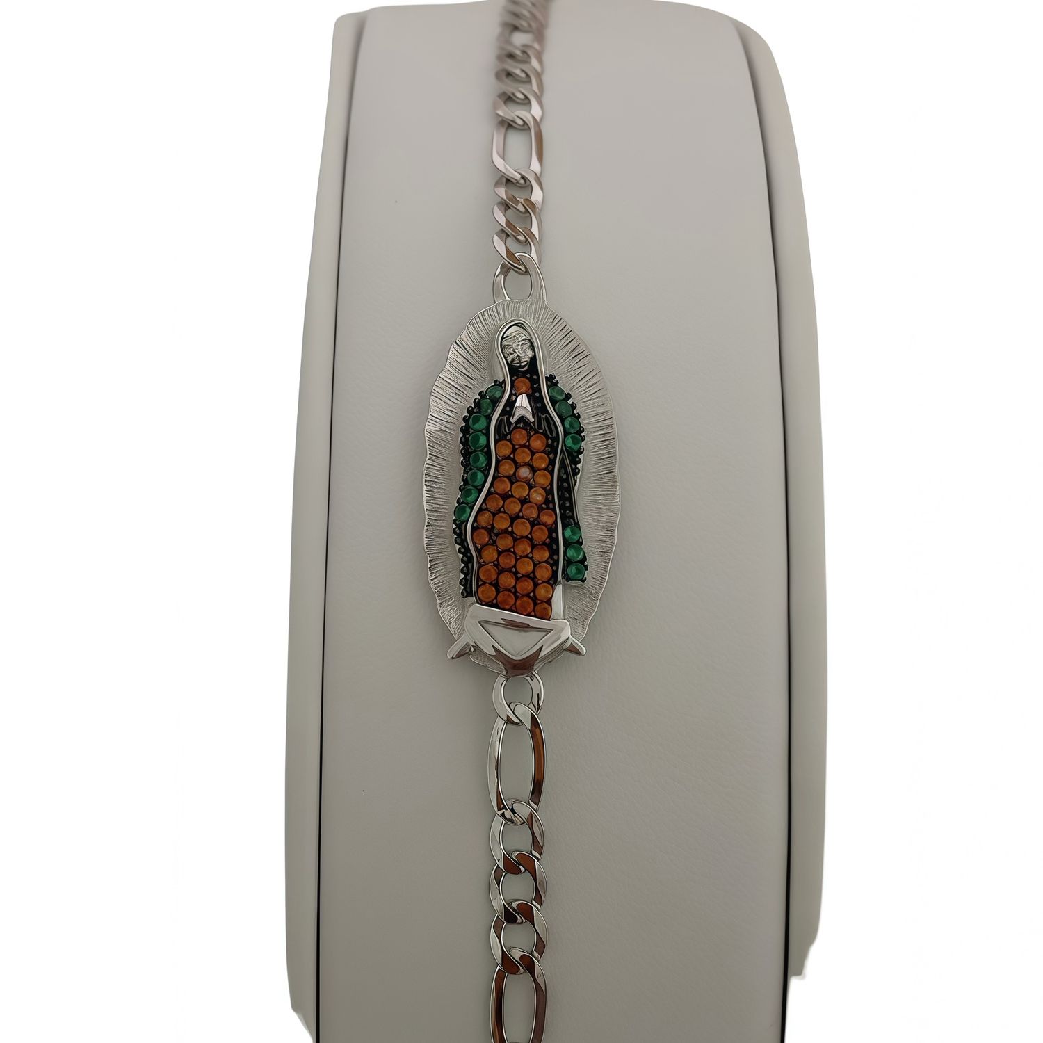 Pulsera Virgen de Guadalupe con zirconias en tres colores, mide 7.5" plata Italiana con rodio.