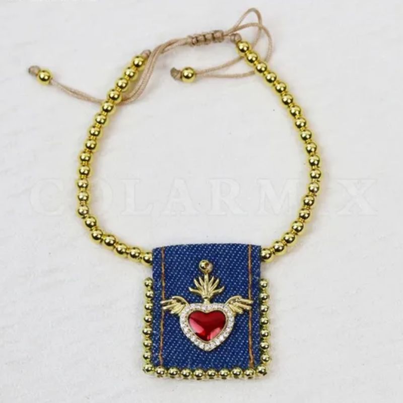Pulsera Escapulario Ajustable con Corazon Alas Acero inoxidable
