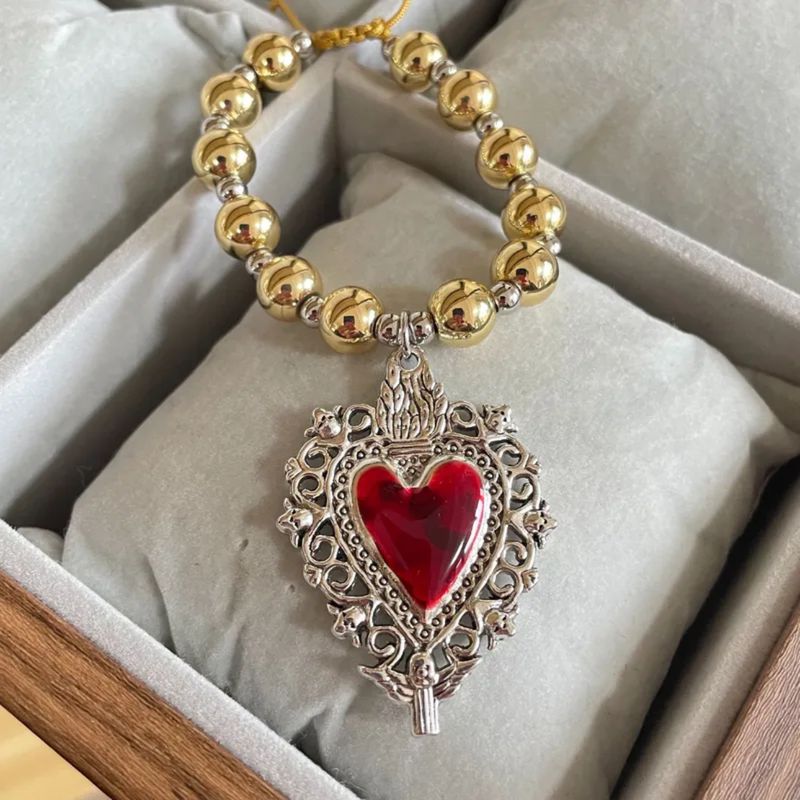 Pulsera Retro Corazon Esmaltado Rojo en Acero