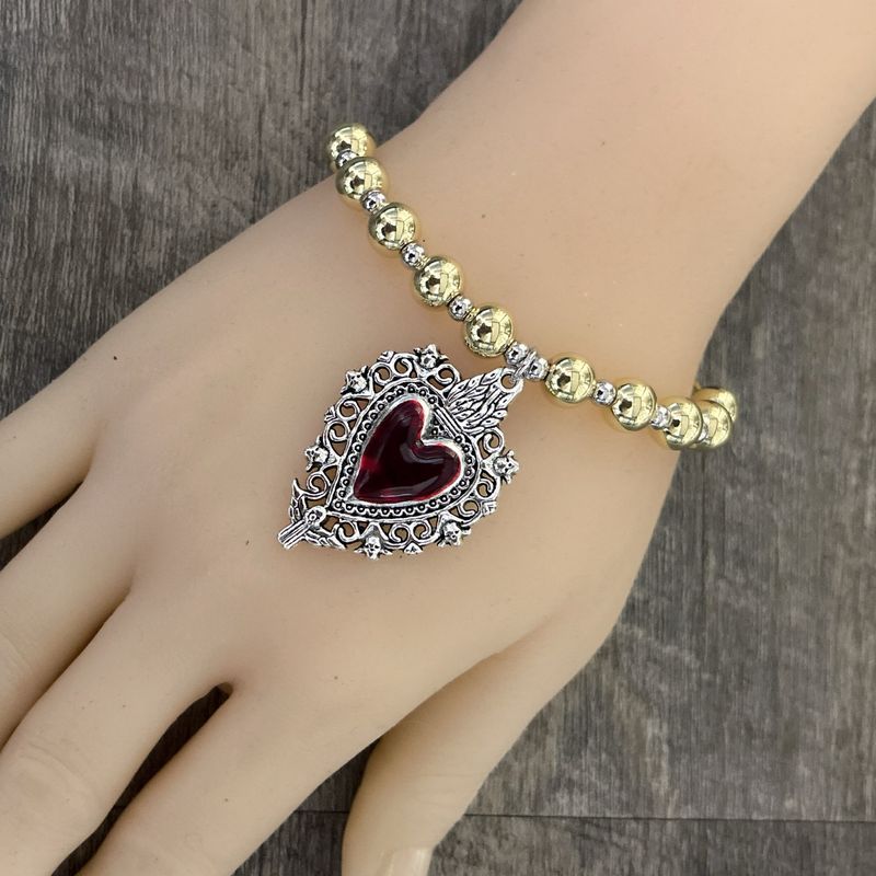Pulsera Retro Corazon Esmaltado Rojo en Acero