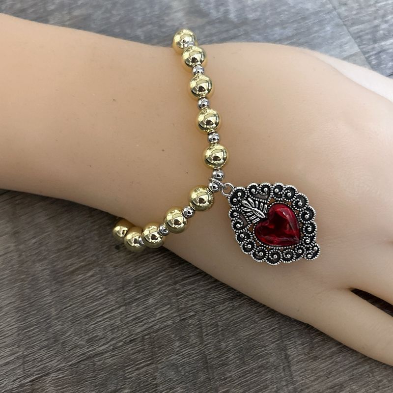 Pulsera Retro Corazon Esmaltado Rojo en Acero