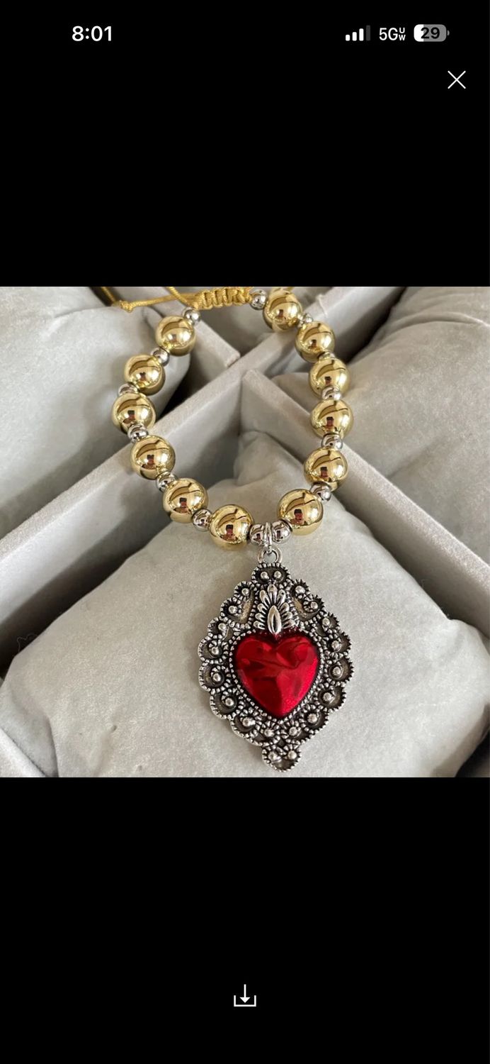 Pulsera Retro Corazon Esmaltado Rojo en Acero