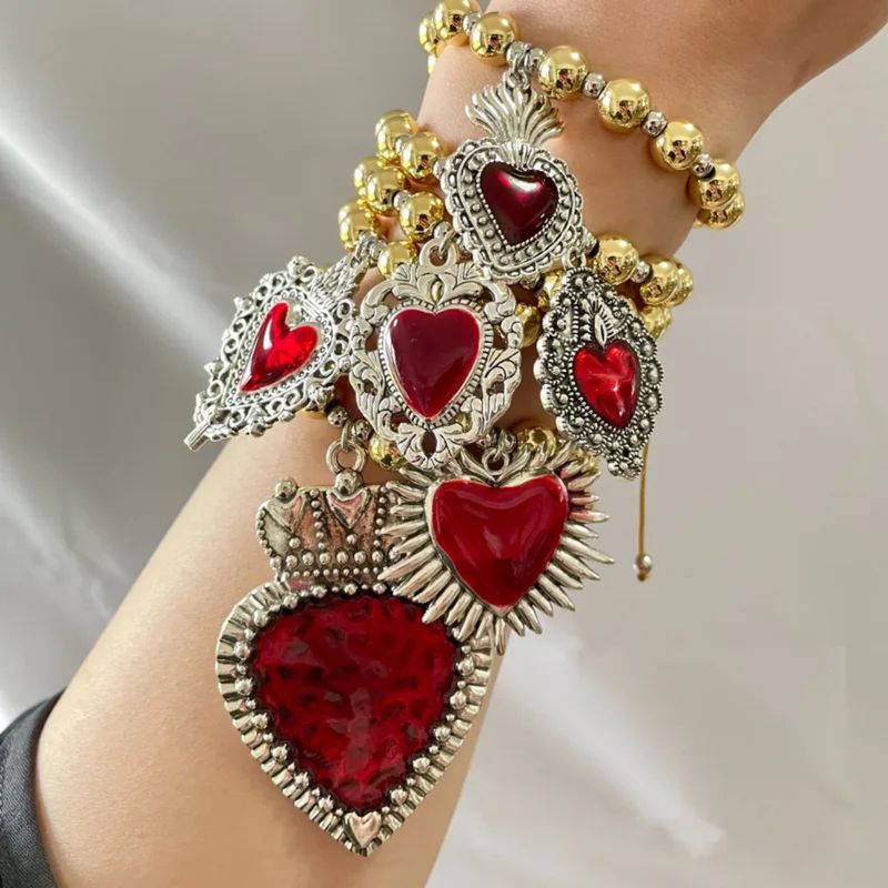 Pulsera Retro Corazon Esmaltado Rojo en Acero