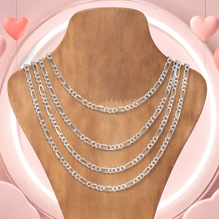Cadena Estilo Figaro Diamantada 5mm de ancho, 18" de largo Plata 925 Italiana.