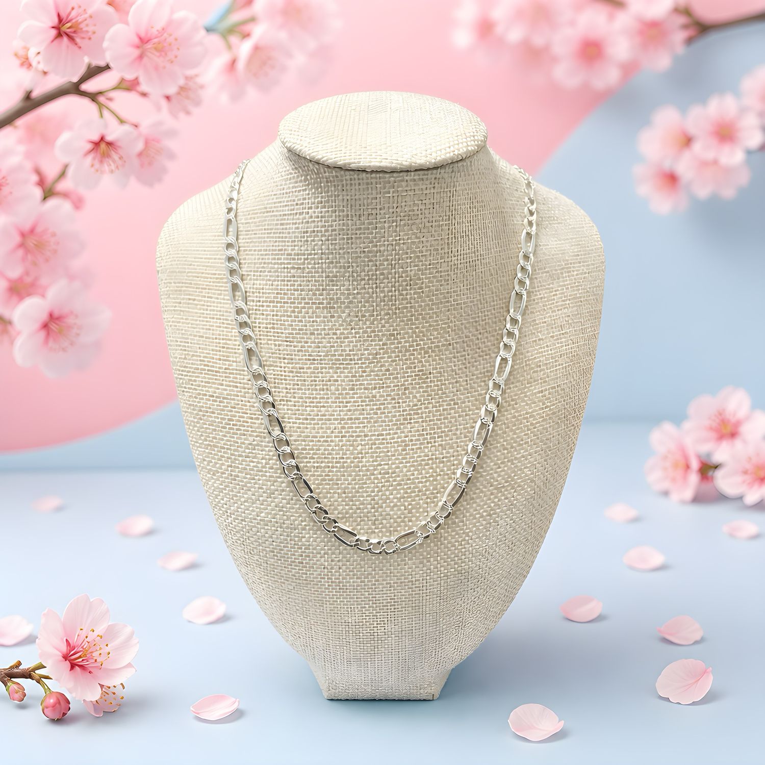 Cadena Estilo Figaro Diamantada 5mm de ancho, 18" de largo Plata 925 Italiana.