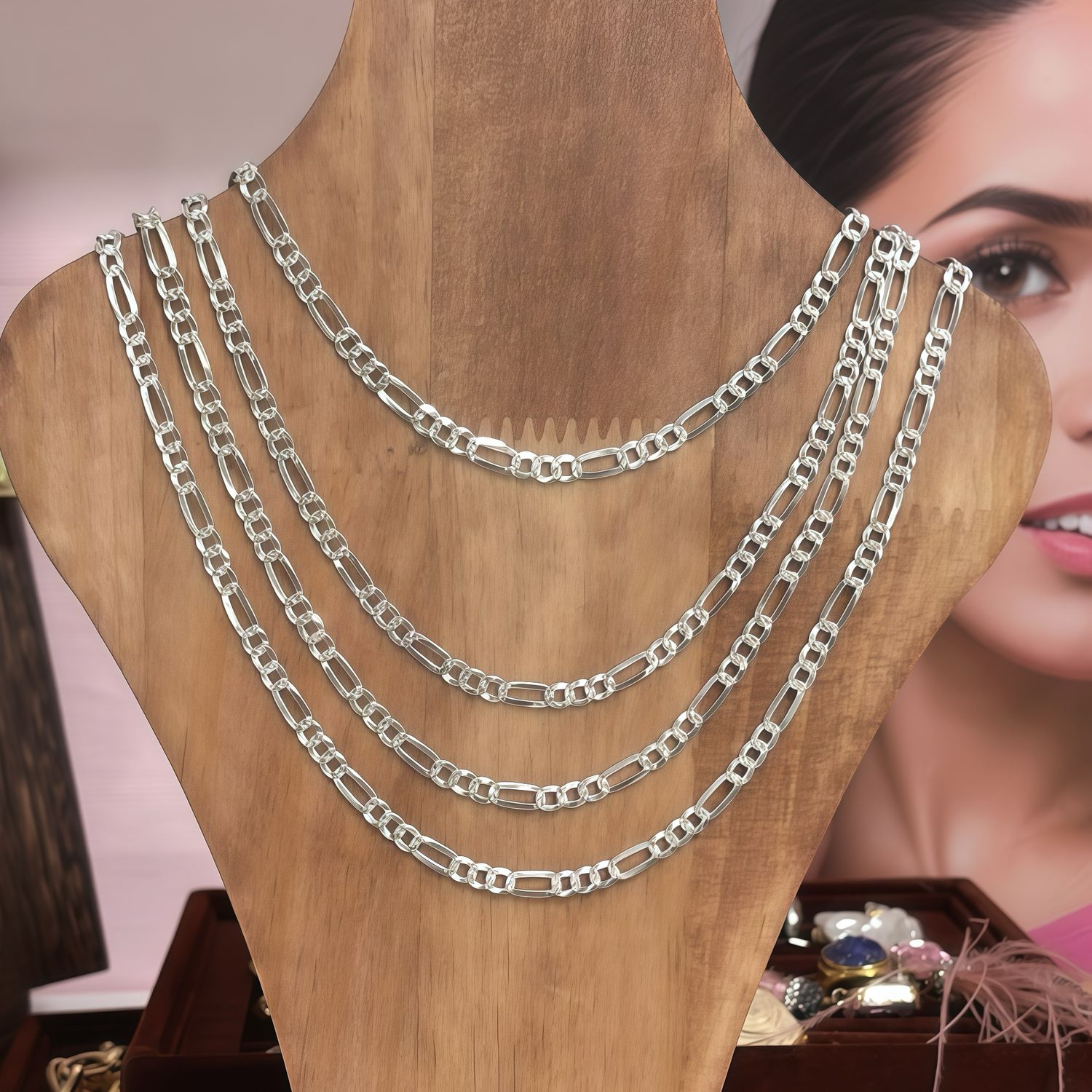 Cadena Estilo Figaro Diamantada 5mm de ancho, 24" de largo Plata 925 Italiana.