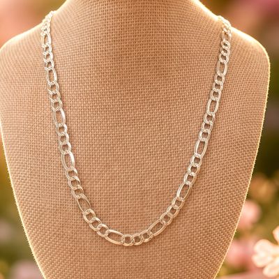 Cadena Figaro Diamantada 7MM de ancho 24" de largo, Plata 925 Italiana
