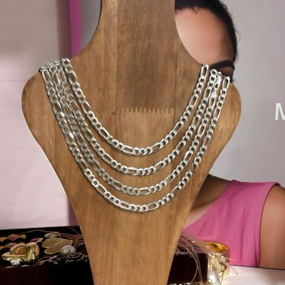 Cadena Figaro Diamantada 7MM de ancho 24" de largo, en Plata 925 Italiana.