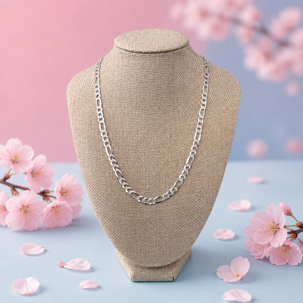 Cadena Figaro Diamantada 7MM de ancho 22" de largo, en Plata 925 Italiana.