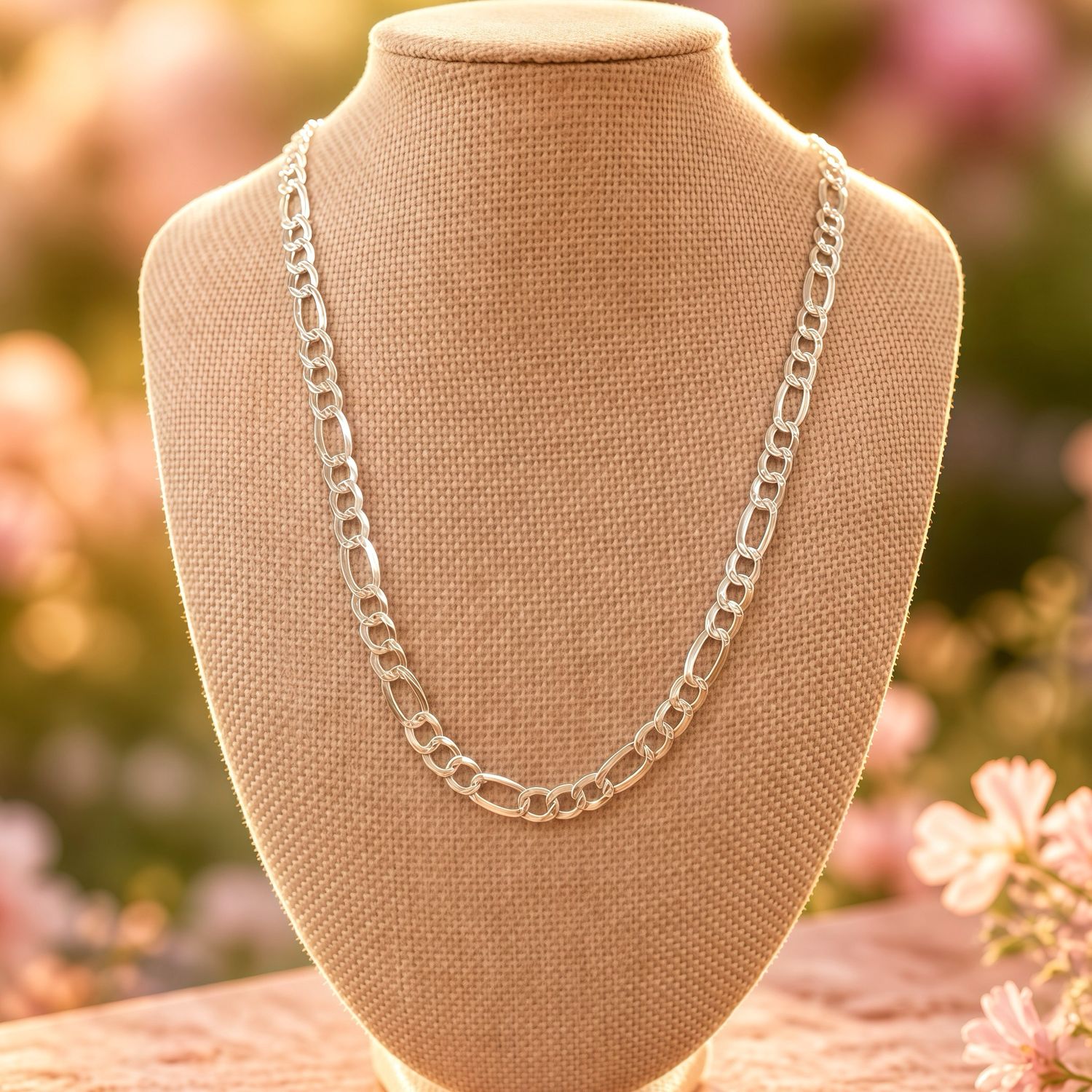 Cadena Figaro Diamantada 7MM de ancho 20" de largo, Plata 925 Italiana