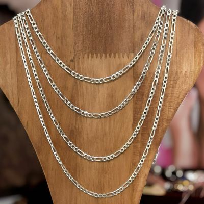 Cadena diamantada Fígaro largo 22", ancho 4mm. Plata Italiana