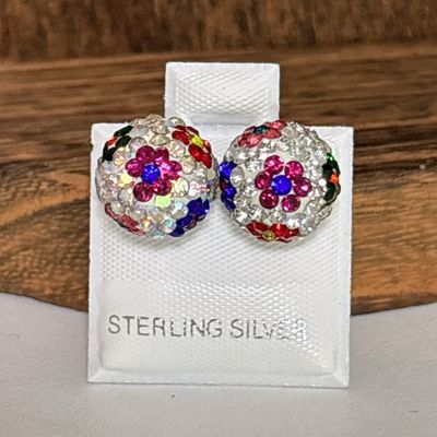 Broquel Esfera con Cristales multi flor , 12mm, broche de mariposa Plata Mexicana 925