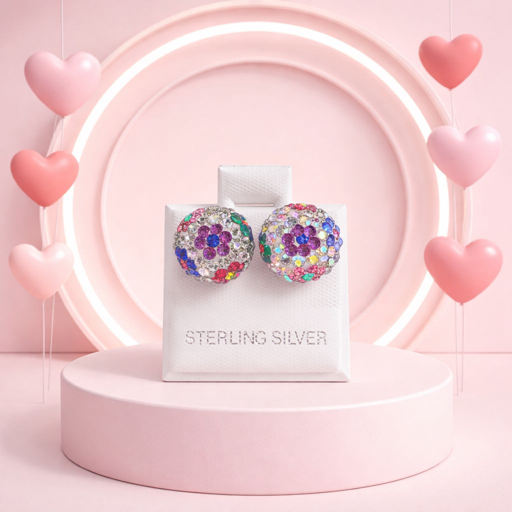 Broquel Esfera con Cristales multi flor , 12mm, broche de mariposa Plata Mexicana 925