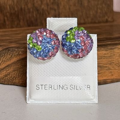 Broquel Esfera con Cristales 12MM, broche de Mariposa  Multicolor Plata Mexicana 925