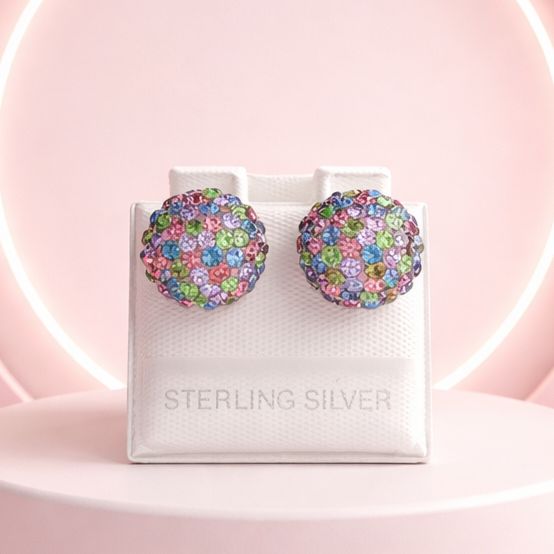 Broquel Esfera con Cristales 12MM, broche de Mariposa  Multicolor Plata Mexicana 925