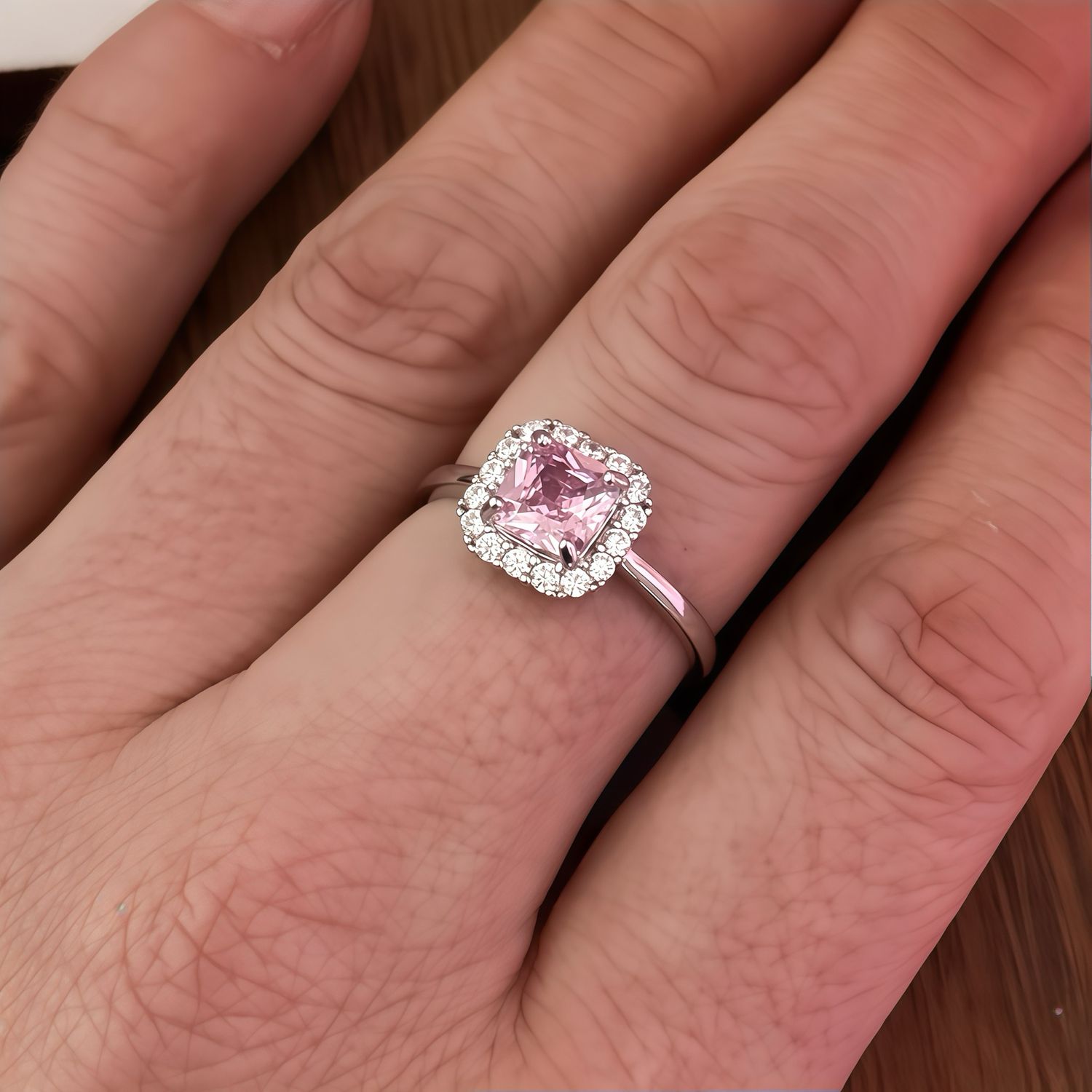 Anillo Corte princessa Con Zirconia Rosa talla # 7 Plata 925 Italiana.